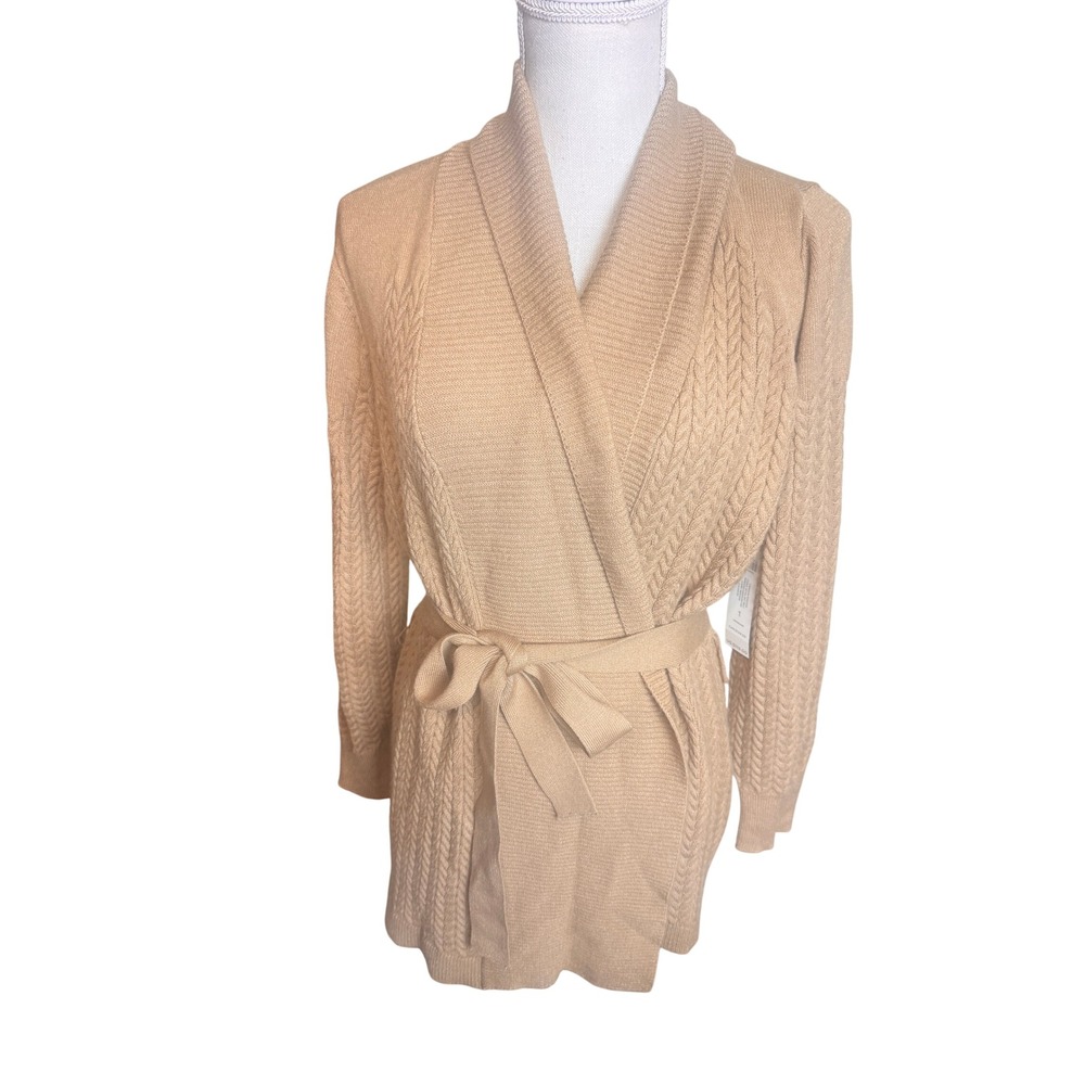 Chicos Camel Cable Knit Belted Cardigan Sweater Size 1 M tan NWT soft knit